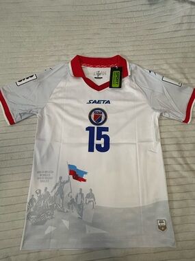 Men's White and Red Football Jersey with Blue Number 15
